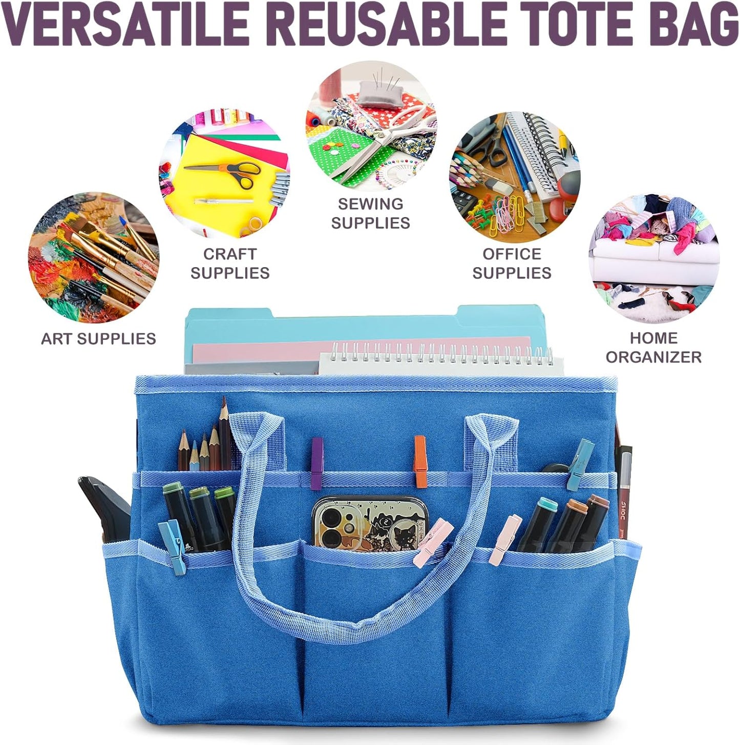 Cupohus Art Organizer Craft Storage Tote Bag with Pockets and Handles, Oxford Fabric Carrying Caddy for Teacher, Officer, Artist, Traveler –Purple