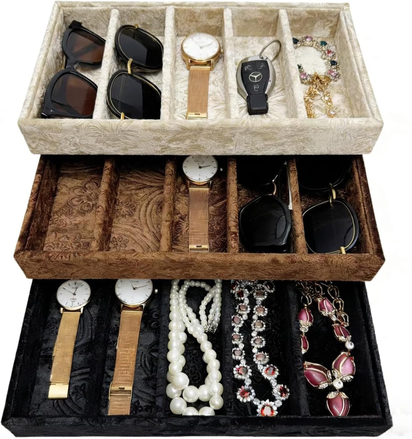AgentMoon 5-Compartment Velvet Sunglasses & Jewelry Organizer Tray – Adjustable Dividers, Sturdy Wood, Non-Slip Storage for Watches, Glasses, Bracelets, Desk or Drawer.(Tabby Red)