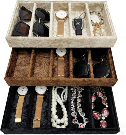 AgentMoon 5-Compartment Velvet Sunglasses & Jewelry Organizer Tray – Adjustable Dividers, Sturdy Wood, Non-Slip Storage for Watches, Glasses, Bracelets, Desk or Drawer.(Tabby Red)