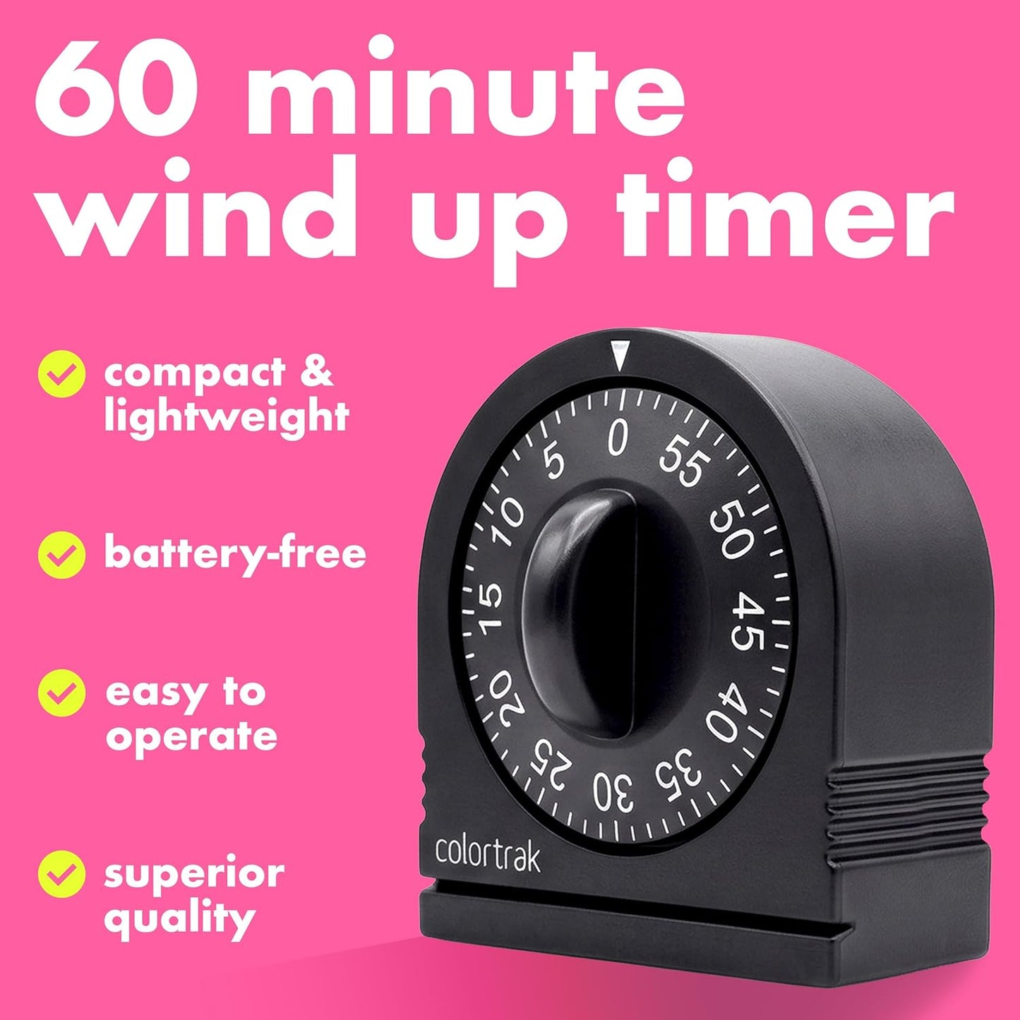Colortrak 60 Minute Wind Up Timer, Salon Hair Color Processing Timer, Mechanical Visual Countdown for Chemical Services, Tanning, Kitchen, and Kids Activities, No Batteries Required, Black
