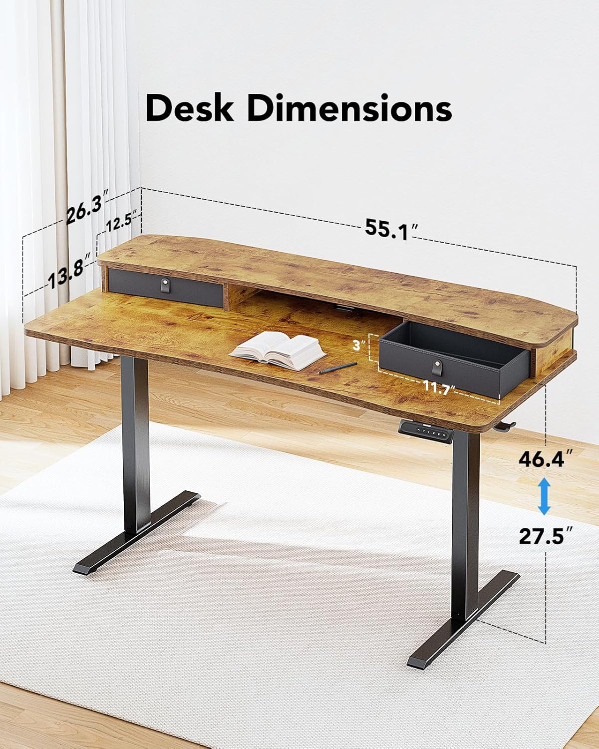 HUANUO 48″ x 24″ Electric Standing Desk with 2 Drawers, C-Clamp Mount Compatible, Height Adjustable Computer Desk, Home Office Stand Up Desk with 4 Preset Heights & 2 Hooks, Black