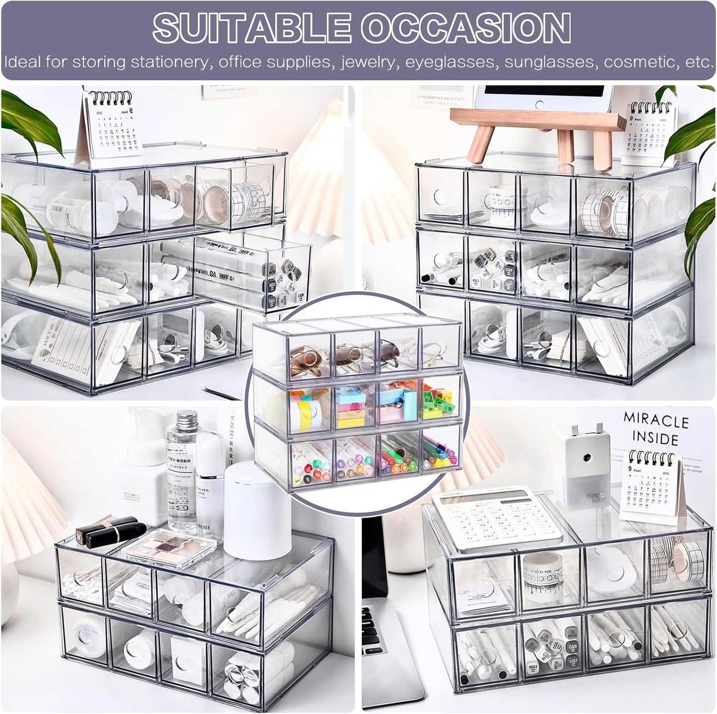 Desk Organizer with 8 Drawers, FODIENS 2 Packs Stackable Desktop Storage Box with Removable Drawer, Clear Sunglasses Organizer Display Case for Stationery Marker Pens Eyeglasses Office Supply