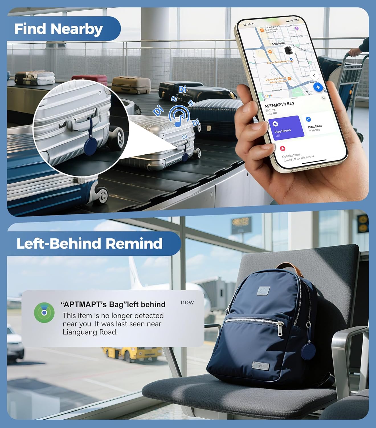 Smart Luggage Tag Works with Apple Find My, Premium Leather Suitcase Tracker with 2 ID Labels, TSA-Friendly, Anti-Lost Travel Essentials for Bags Backpacks, Wireless Charging, Black