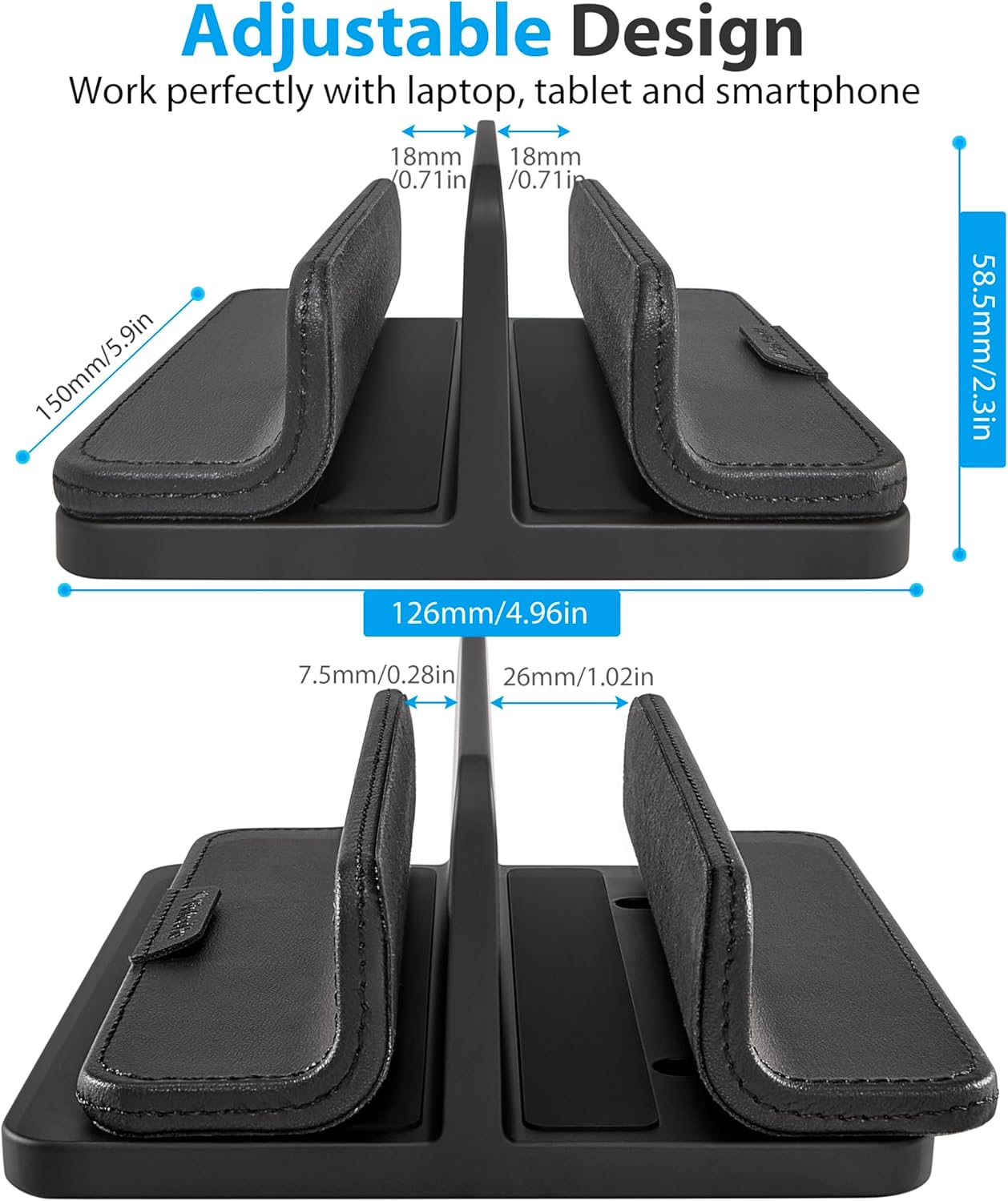 Dual Vertical Laptop Stand, 3 in 1 Upright Desktop Stand Holder with Adjustable Dock (Up to 17.3''), Leather Laptop Rack Storage Desk Organizer for Phone, Tablet, MacBook/HP/Dell/Chrome Book (Black)