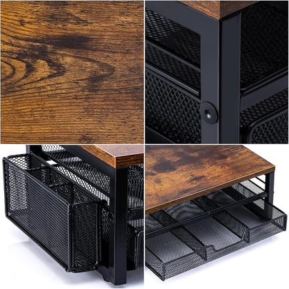 ARCOBIS Monitor Riser with Drawers and Pen Holders, Wood & Mesh Metal Computer Monitor Stand with Storage for Desk, Rustic Brown