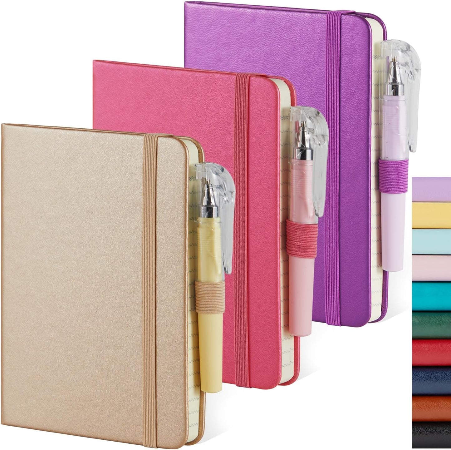 NIRMIRO 3 Pack Pocket Notebook Journals, Small Notepad Notebooks for Note Taking, A6 Mini Note pads with Pen Holder, 408 Lined Pages, 3.7" x 5.7", Black, Brown, Blue