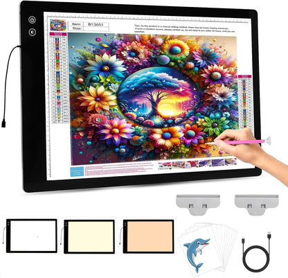 PICOVISTA Rechargeable A3 Diamond Art Light Board,Super Bright Tracing Light Box,6 Levels Brightness with 3 Colors Mode, Wireless LED Pad for Diamond Painting,Weeding Vinyl,Sketching & Drawing