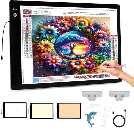 PICOVISTA Rechargeable A3 Diamond Art Light Board,Super Bright Tracing Light Box,6 Levels Brightness with 3 Colors Mode, Wireless LED Pad for Diamond Painting,Weeding Vinyl,Sketching & Drawing