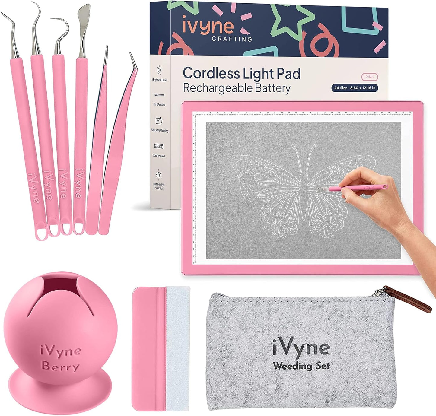iVyne Complete Set Rechargeable A4 Light Pad, Weeding Tools for Vinyl, Scrap Collector for Cricut and Silhouette Machines for Every Tracing, Drawing Projects (Green)