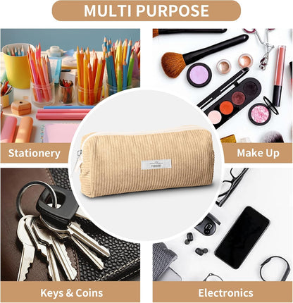 Pencil Bag Pen Case, Soft Corduroy Small Pencil Pouch Organizer with Zipper, Cute Pencil Case Pouch Stationery for Girls and Boys – Apricot