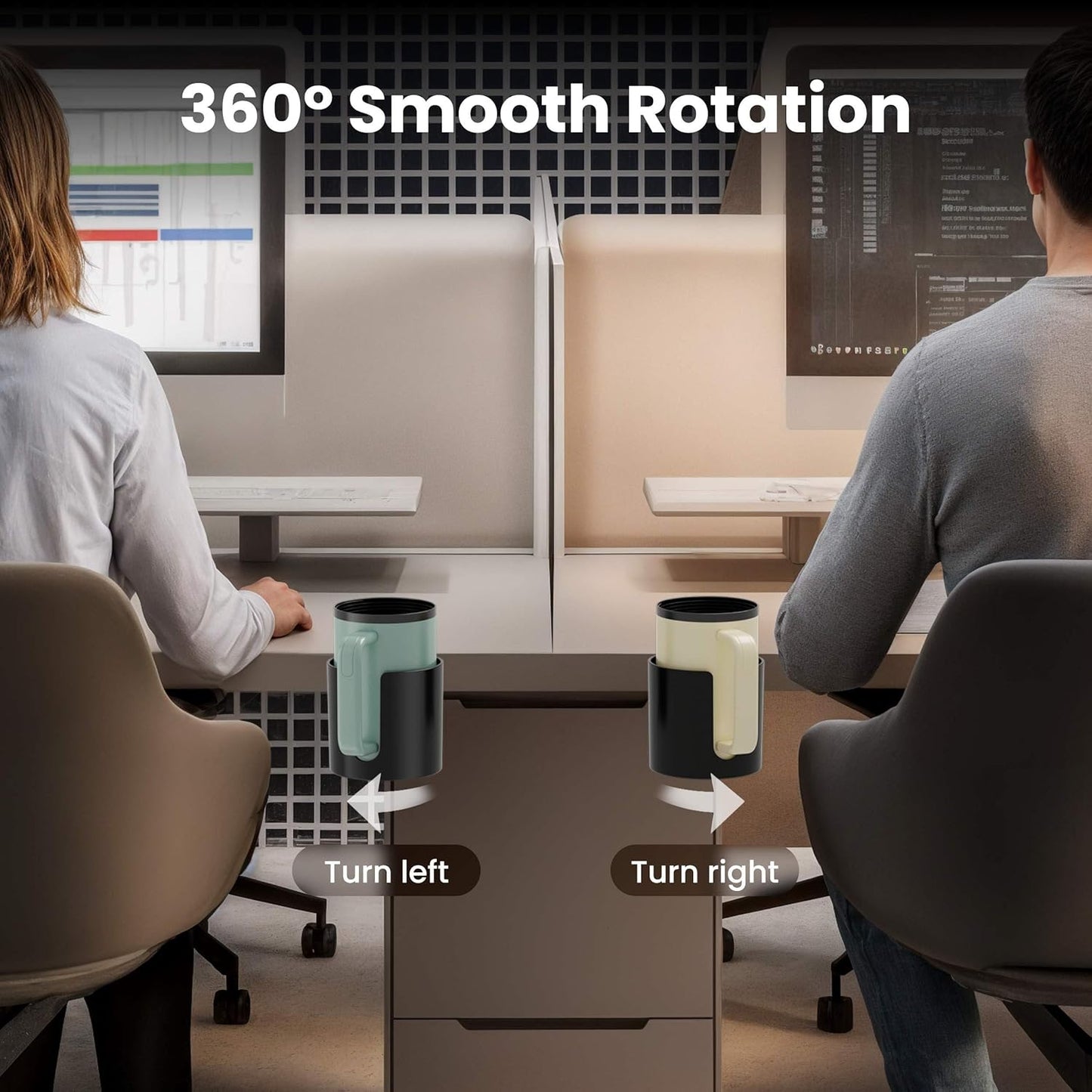 Yinqster 360° Deep Desk Cup Holder with Extra Wide Clamp, Anti-Spill Clip on Cup Holder for Desk, Rotating Table Mug Holder for Office & Gaming Accessories to Hold Stanley YETI Bottles, Bottle Racks