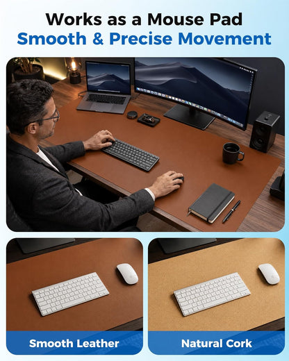 Aothia Dual-Sided Desk Pad - 25.6x13.7 inches Leather Desk Mat, Natural Cork Desk Pad Protector, Large Mouse Pad for Desk, Waterproof Desk Blotter Pad, Desk Writing Pad for Office Work/Home, Black