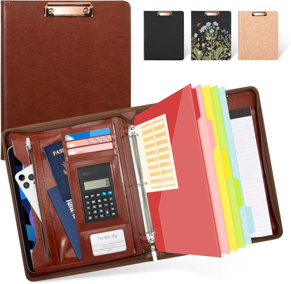 Ospelelf Zippered Padfolio Portfolio Folder, Leather Clipboard with Storage, 3 Ring Binder 1 Inch,12.1” Tablet Sleeve, 5 Dividers with Pocket, Refillable Notepad, Card Slot (Classic Black)