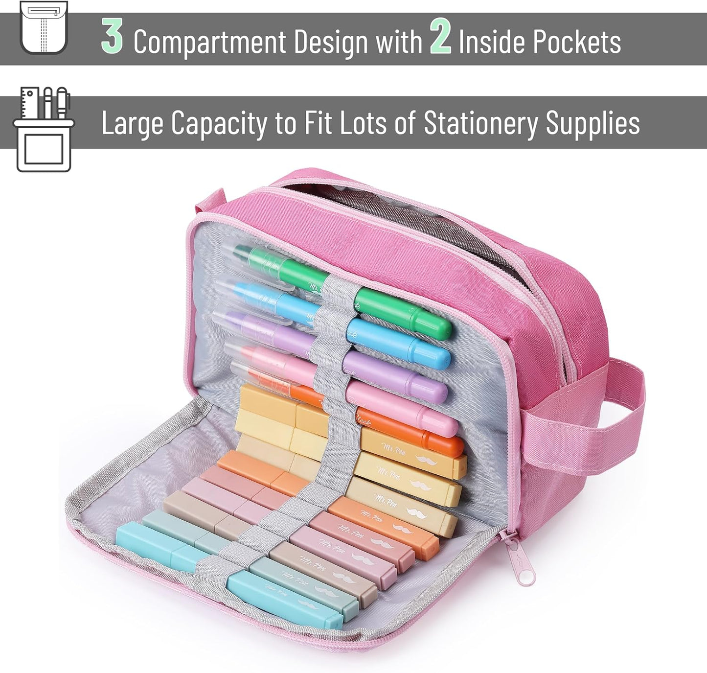 Mr. Pen- High Capacity Pencil Case, Large Pencil Pouch with 3 Compartments and 2 Pockets, Large Pencil Bag with Smooth Zipper, Cute Pencil Case Pouch Organizer, School Supplies for Teens
