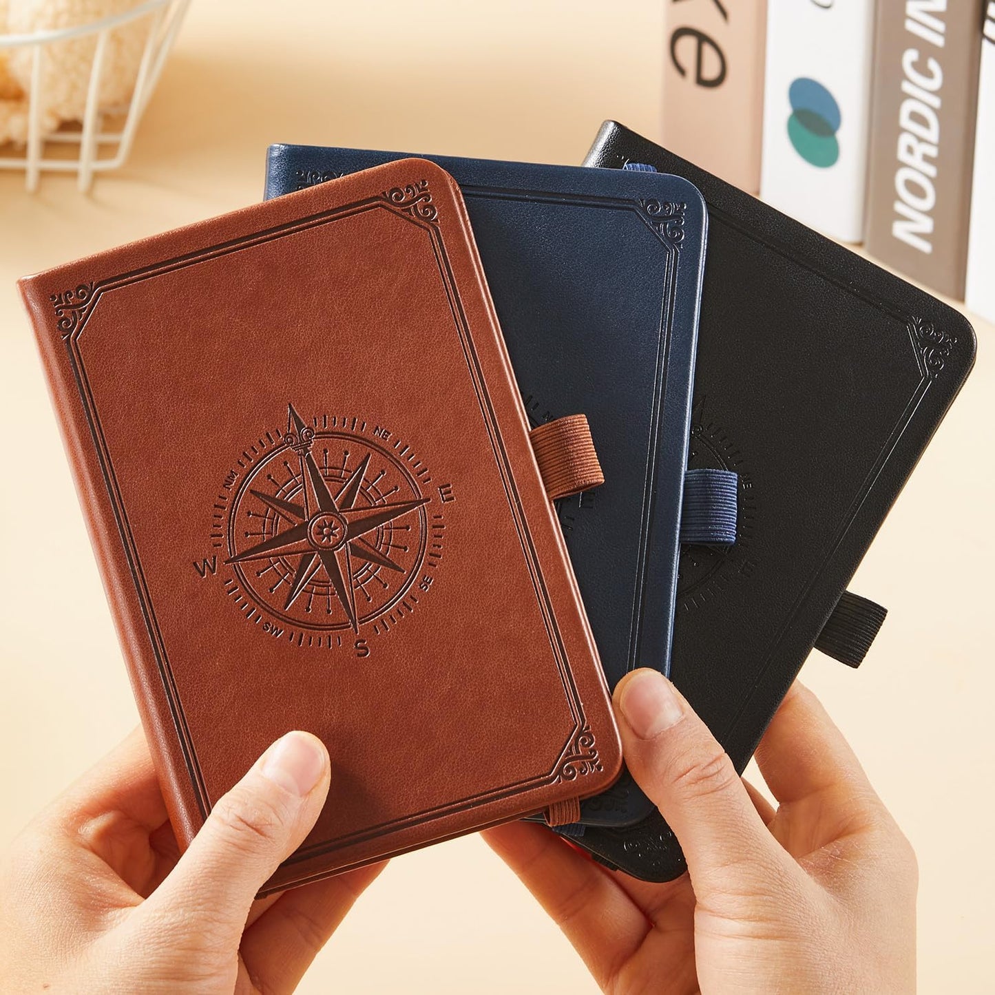 NIRMIRO 3 Pack Pocket Notebook Journals, Small Notepad Notebooks for Note Taking, A6 Mini Note pads with Pen Holder, 408 Lined Pages, 3.7" x 5.7", Black, Brown, Blue