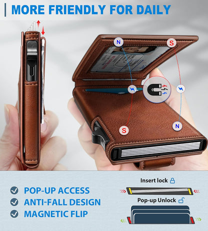 miyozi Airtag Wallet for Men Money Clip 9-Card Pop-Up Credit Card Holder with ID Window RFID Blocking Metal Case Magnetic Closure Front Pocket Wallet Gift Box | with Money Clip