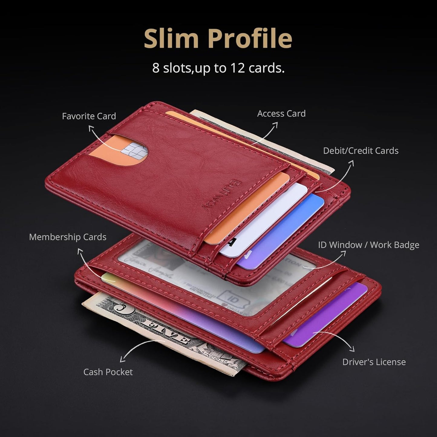 Buffway Slim Minimalist Front Pocket RFID Blocking Leather Wallets for Men and Women - Carbon Fiber Black - Colors B