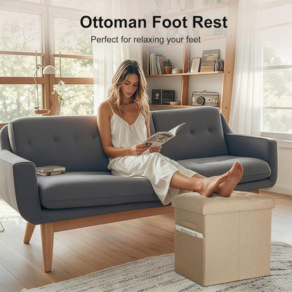 Storage Ottoman with Extra Thick Foam Padded Seat, Foldable Foot Rest Stool with Linen Fabric, 43L Ottoman with Storage Bench for Bedroom Living Room, Holds Up to 300lbs, 17x13x13in, Dark Gray