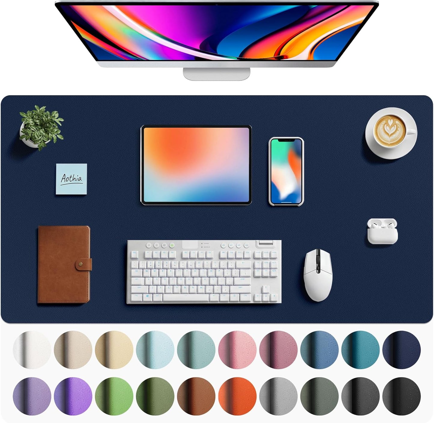 Aothia Non-Slip Waterproof PU Leather Desk Pad Protector for Mouse, Writing Desk, Office, Home, Laptop Blotter, 23.6" x 13.7", Black - Colors A