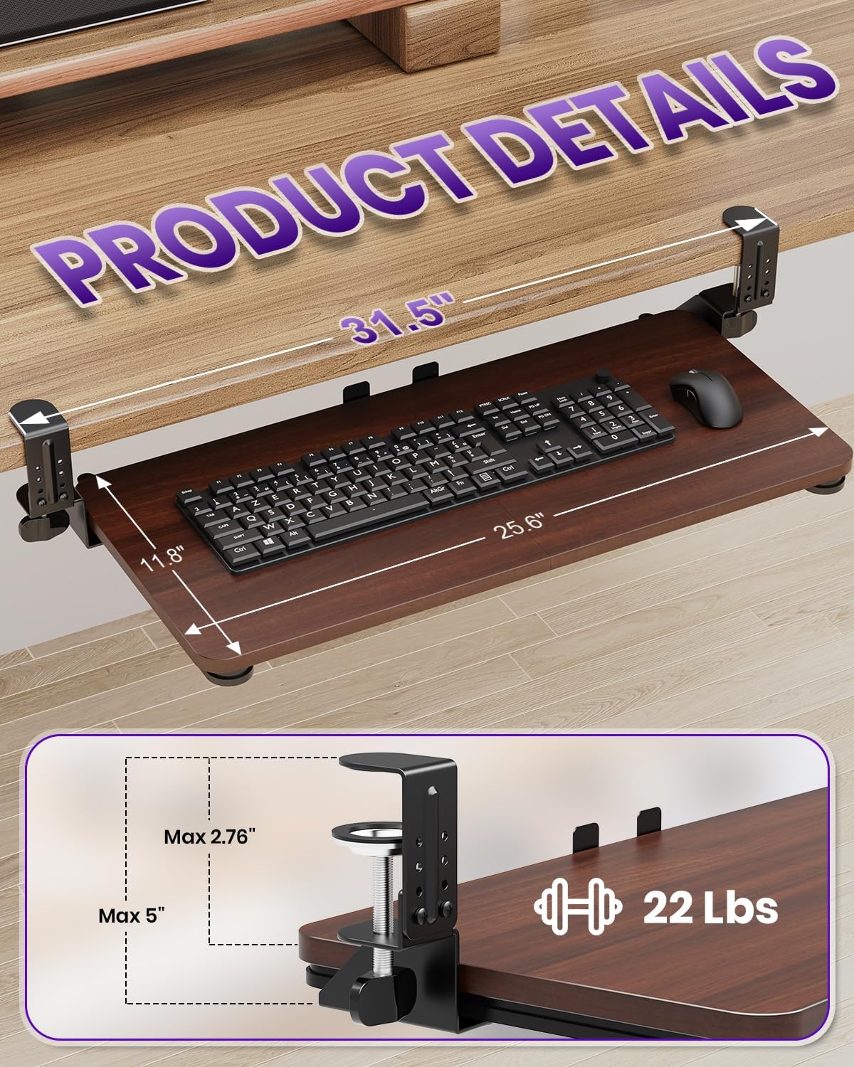Ergonomic Mouse & Keyboard Tray Under Desk, Pull Out with Adjustable C-clamp, 20 (25.9 Including Clamps) x 11.8 Inch Slide Out Computer Keyboard Drawer Mouse Tray for Typing, Rustic Brown