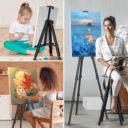 Art Painting Artist Easel Stand, Portable Adjustable Aluminum Metal Tripod Display Easel with Bag, Height from 17 to 66 inch for Table-Top/Floor Drawing and Displaying, Black