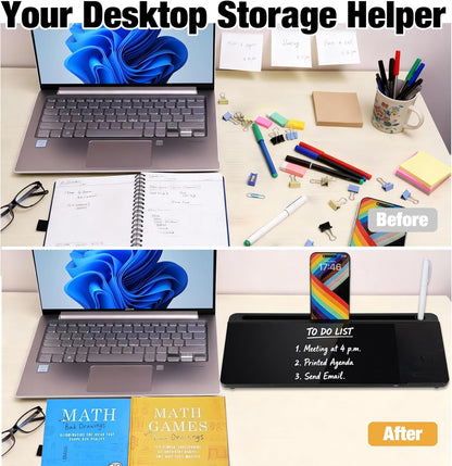 Glass Desktop Whiteboard 15.8×7”, Dry Erase Note Memo Board, Desk Organizer with Storage for Office, Home, Study, Black