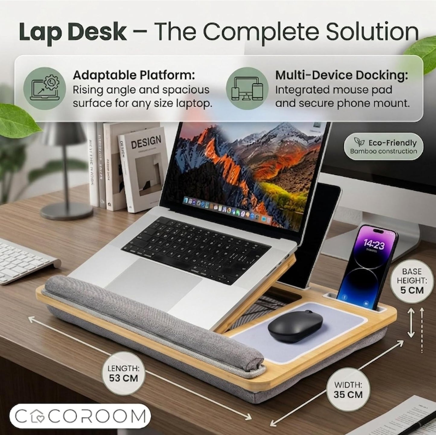 Lap Desk for Laptop – Bed Desk Tray Table with Cushion, 5 Angles, Phone & Tablet Holder, Mouse Pad & Ventilation – Laptop Stand, Lap Table, Couch Desk for 15”-17” Laptops (Black)