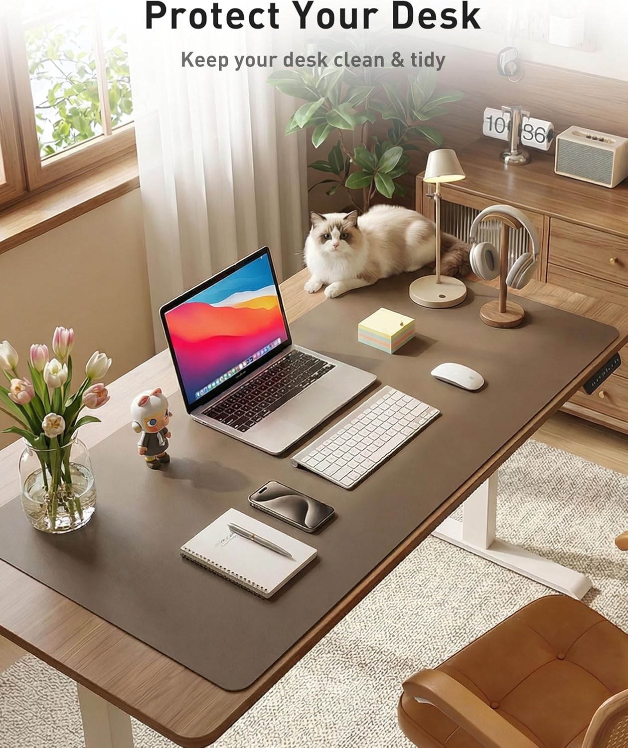 Aothia Leather Desk Pad Protector, Mouse Pad, Office Desk Mat, Non-Slip PU Leather Desk Blotter, Laptop Desk Pad, Waterproof Desk Writing Pad for Office and Home (Brown,23.6" x 13.7") - Colors B