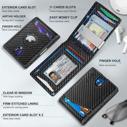 miyozi Airtag Wallet for Men,with Money Clip 11 Cards Slim Front Pocket Leather RFID Blocking Wallet with Gift Box