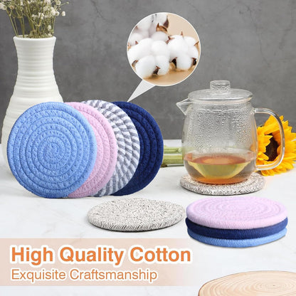 4.8" Drink Cotton Coasters Set of 2 – Boho Woven Drink Pads for Coffee & Tea, Neutral Sandstone Blend Fabric Cup Mats for Desk, Table, Nightstand, Dorm, Giftable Absorbent Coaster Set (Latte)