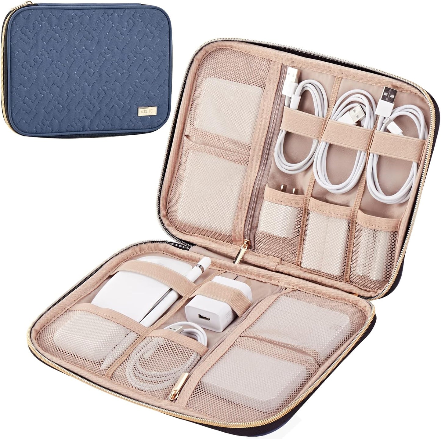 NISHEL Travel Cord Organizer Case, Tech Electronic Bag, Essentials for Charger, Cable, Phone, Hard Drive, USB, SD Card, Pink