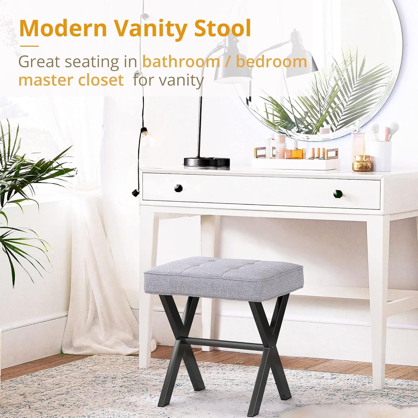 LUE BONA Square Linen Makeup Stool, Metal X Legs, Small Ottoman Stool Chair for Vanity, Modern Padded Seat Foot Rest for Makeup Room, Bathroom