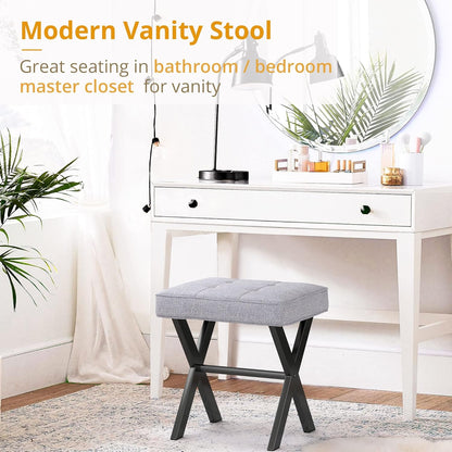 LUE BONA Square Linen Makeup Stool, Metal X Legs, Small Ottoman Stool Chair for Vanity, Modern Padded Seat Foot Rest for Makeup Room, Bathroom