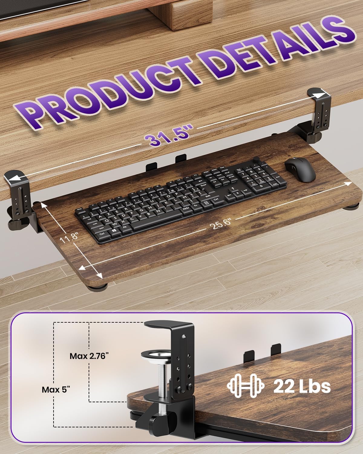 Ergonomic Mouse & Keyboard Tray Under Desk, Pull Out with Adjustable C-clamp, 20 (25.9 Including Clamps) x 11.8 Inch Slide Out Computer Keyboard Drawer Mouse Tray for Typing, Rustic Brown