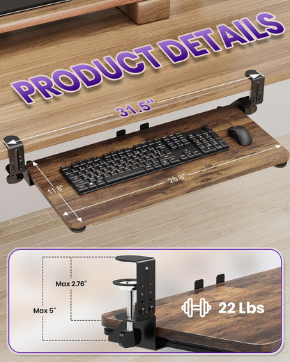 Ergonomic Mouse & Keyboard Tray Under Desk, Pull Out with Adjustable C-clamp, 20 (25.9 Including Clamps) x 11.8 Inch Slide Out Computer Keyboard Drawer Mouse Tray for Typing, Rustic Brown