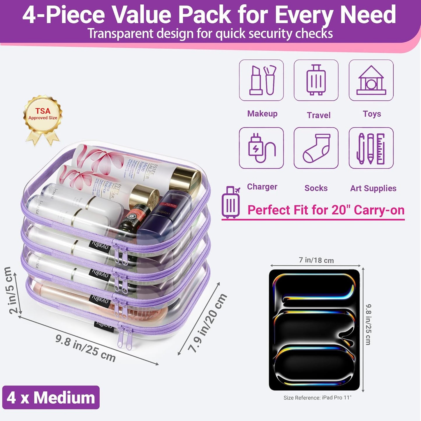 YQBRAO 6 Pack Clear Hard Shell Zipper Case, 1.2mm Heavy Duty Crush-Proof Diaper Bag Organizer Pouches, TSA Approved Travel Makeup Bag for Toiletries & Electronics, (2L, 2M, 2S) Multi-Size Storage Set