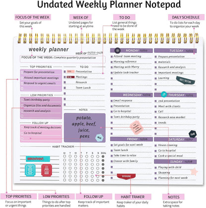 Weekly To Do List Notepad, 8.5''x11'' Weekly Desk Planner with 52 Tear Off Sheets Undated Weekly Planner Habit Tracker & Productivity Organizer for Home and Work, Pink