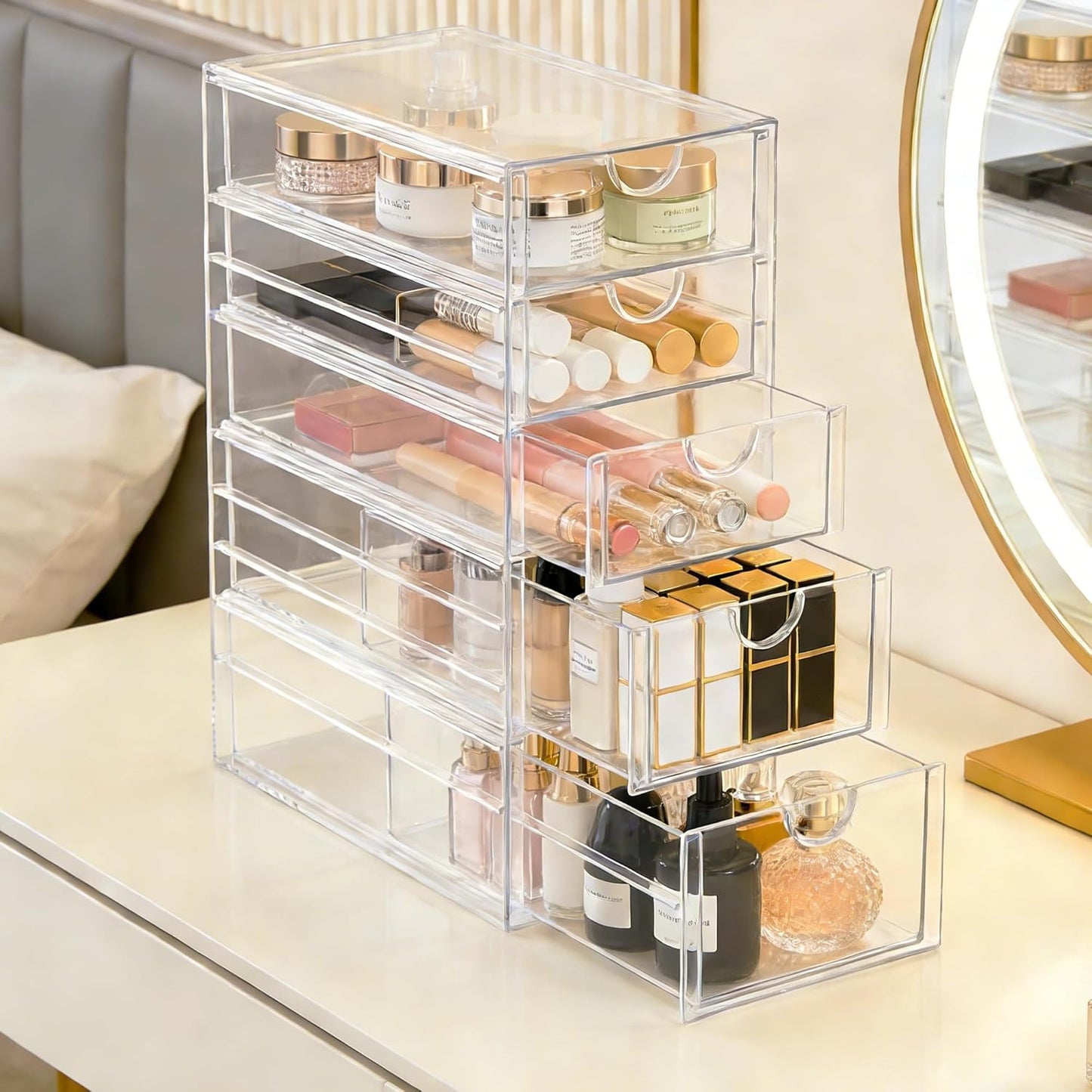 Prsildan Acrylic Drawer Makeup Organizer with 6 Drawers (Not for Baby Bottle), Set of 2 Office Desk Organizers Accessories, Clear Stackable Storage Drawers for Vanity, Craft (Largest Drawer 4" Tall)