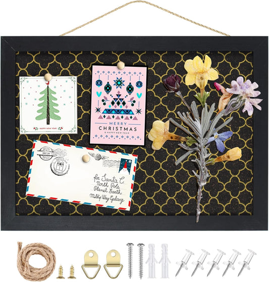 TORASO Cork Board for Walls, Bulletin Board with Black Cork Gold Print, 10.2" x 14.2",Small, Black Framed,Corkboard for Office School Bedroom and Dorm Room (RMB-BK-2636)