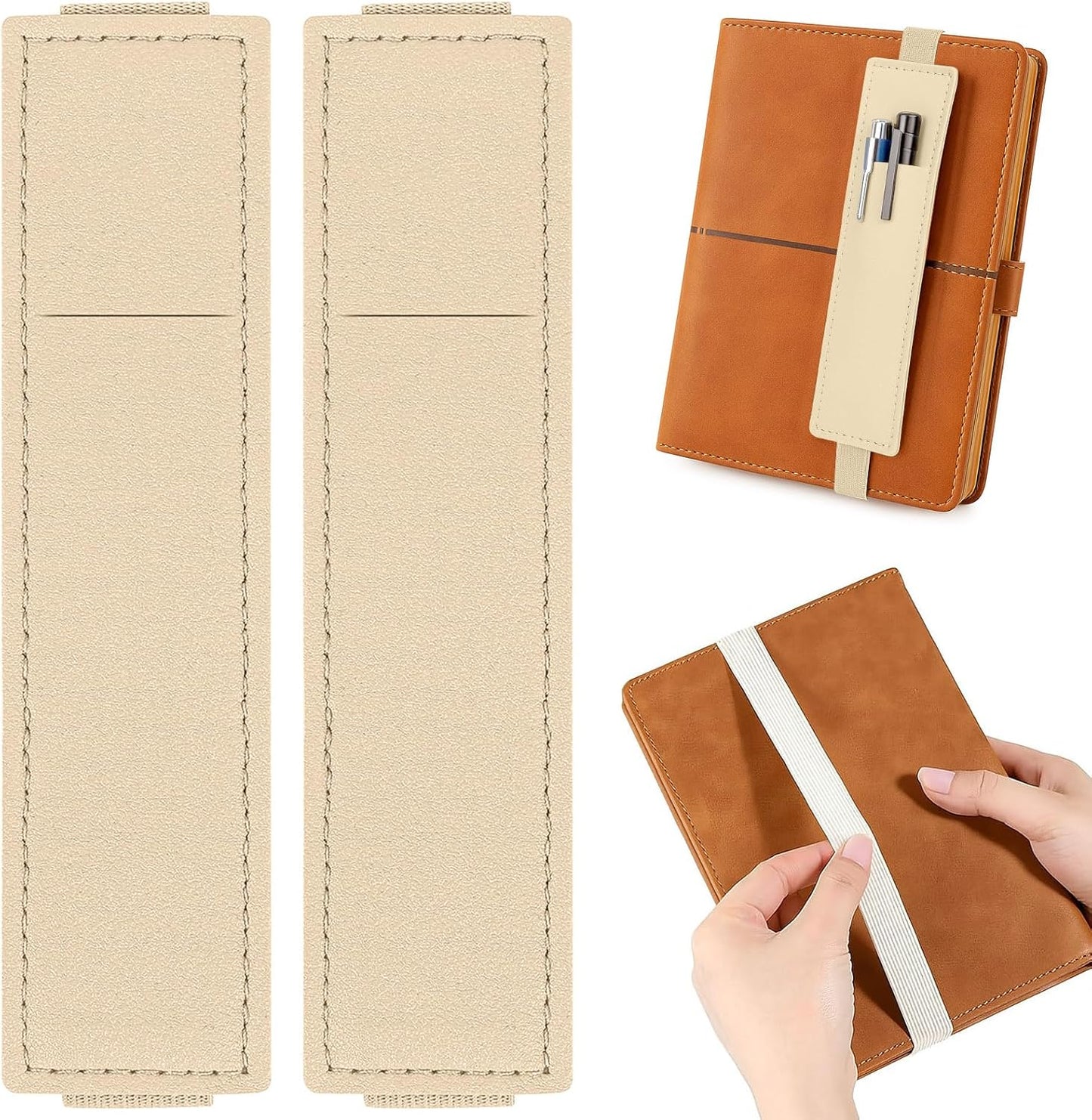 Tokusatsu 2 Pack Adjustable Elastic Pen Holder for Notebook, PU Leather Pencil Pouch with Stretchable Band, Fits Journals, Binders, Planners, Books, Portable Pen Sleeve Pouch, Off-White