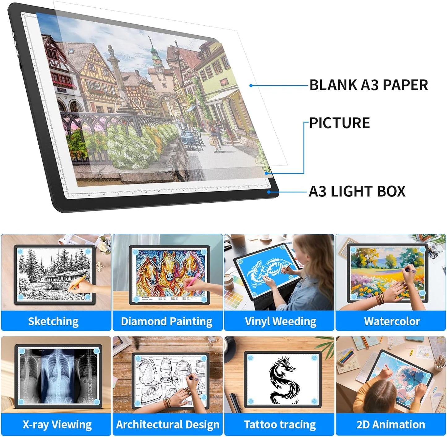 Heanolier Rechargeable A3 Tracing Light Box Drawing Pad,5600 Lux Bright Magnetic light pad, Dimmable Lightbox,3 color modes,light board for Diamond painting,light table for Sketching,Tattoo,X-ray View