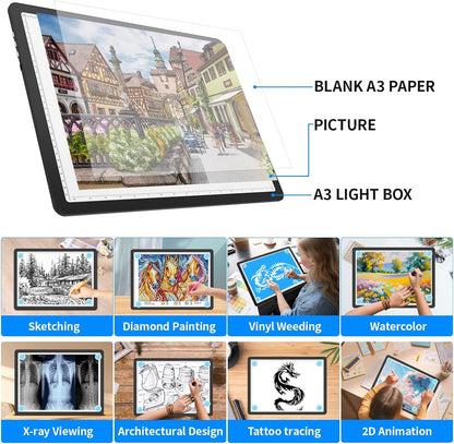 Heanolier Rechargeable A3 Tracing Light Box Drawing Pad,5600 Lux Bright Magnetic light pad, Dimmable Lightbox,3 color modes,light board for Diamond painting,light table for Sketching,Tattoo,X-ray View