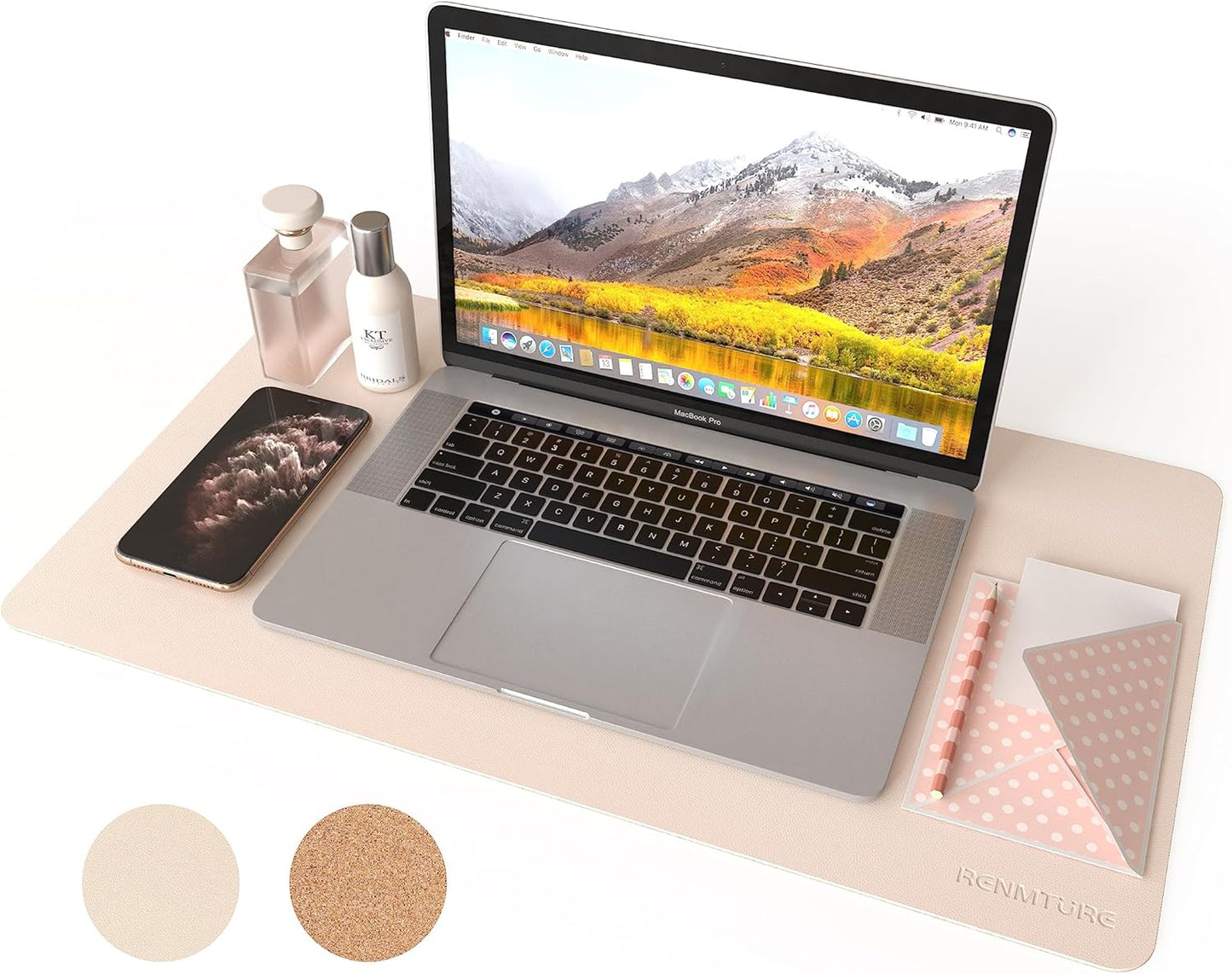 RENMTURE Dual-Sided Mouse Pad, Natural Cork & PU Leather Large Desk Pad for Office and Home Work, Desk Protector Non-Slip, Waterproof, Easy Clean (Olive Green, 32"x16")