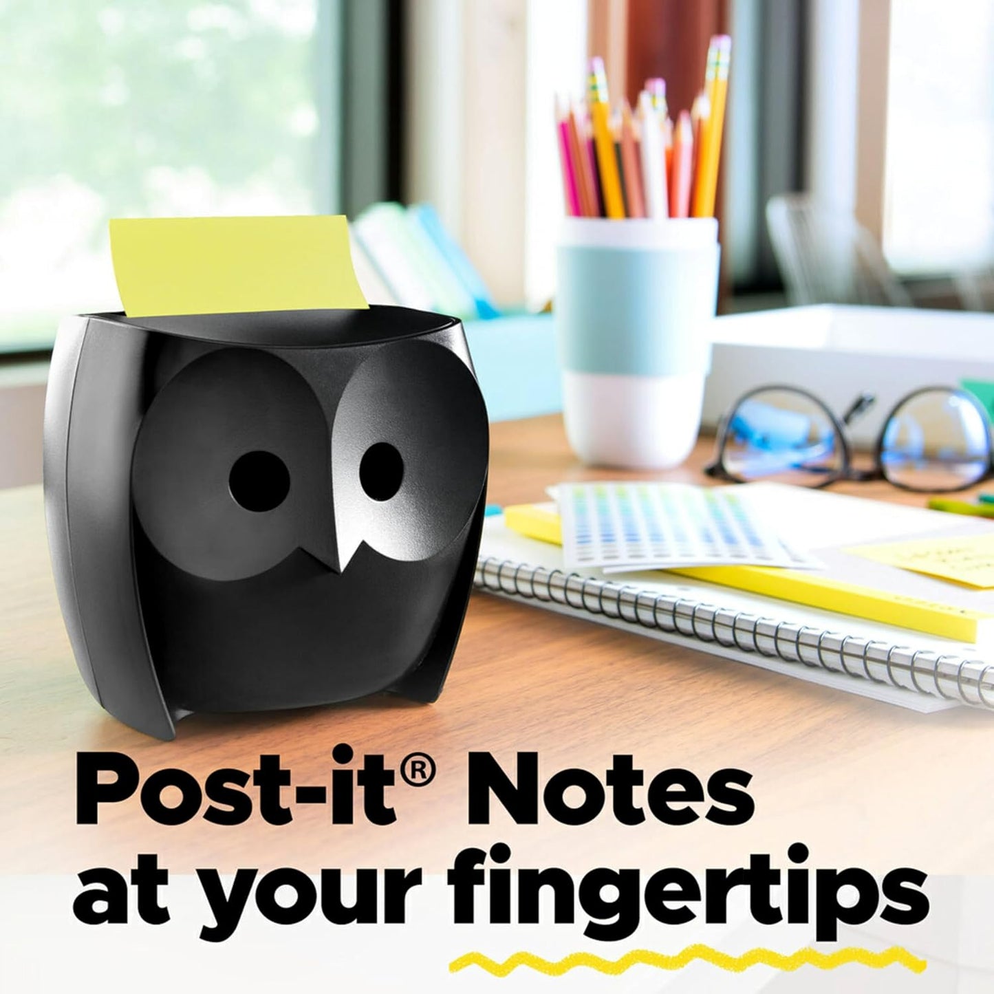Post-it Note Dispenser, Sticky Note Holder, Black Base, Clear Top, Includes 50 Sheets of 3 in x 3 in Canary Yellow Pop-Up Notes, Classroom or Office Supplies