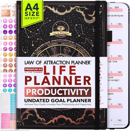 Life Planner - Undated Weekly & Monthly Planner, 12-Month Journey to Increase Productivity | Gratitude Journal, Life Organizer & Goal Journal | Include Foldable Vision Board, Habit Tracker & Stickers