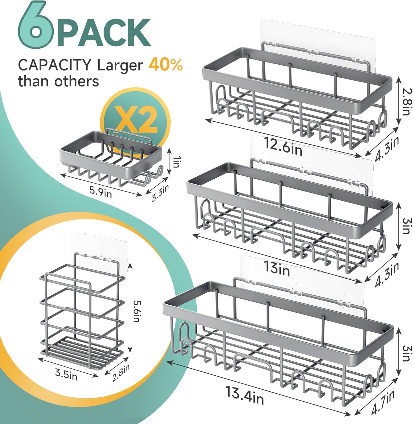 Veken Shower Caddy 6-Pack, Advanced Rustproof Design, No Drilling Adhesive Shelves, Rack with Soap Holder, Large Capacity Bathroom Organizers and Storage, Wall-Mounted Kitchen & Home Decor