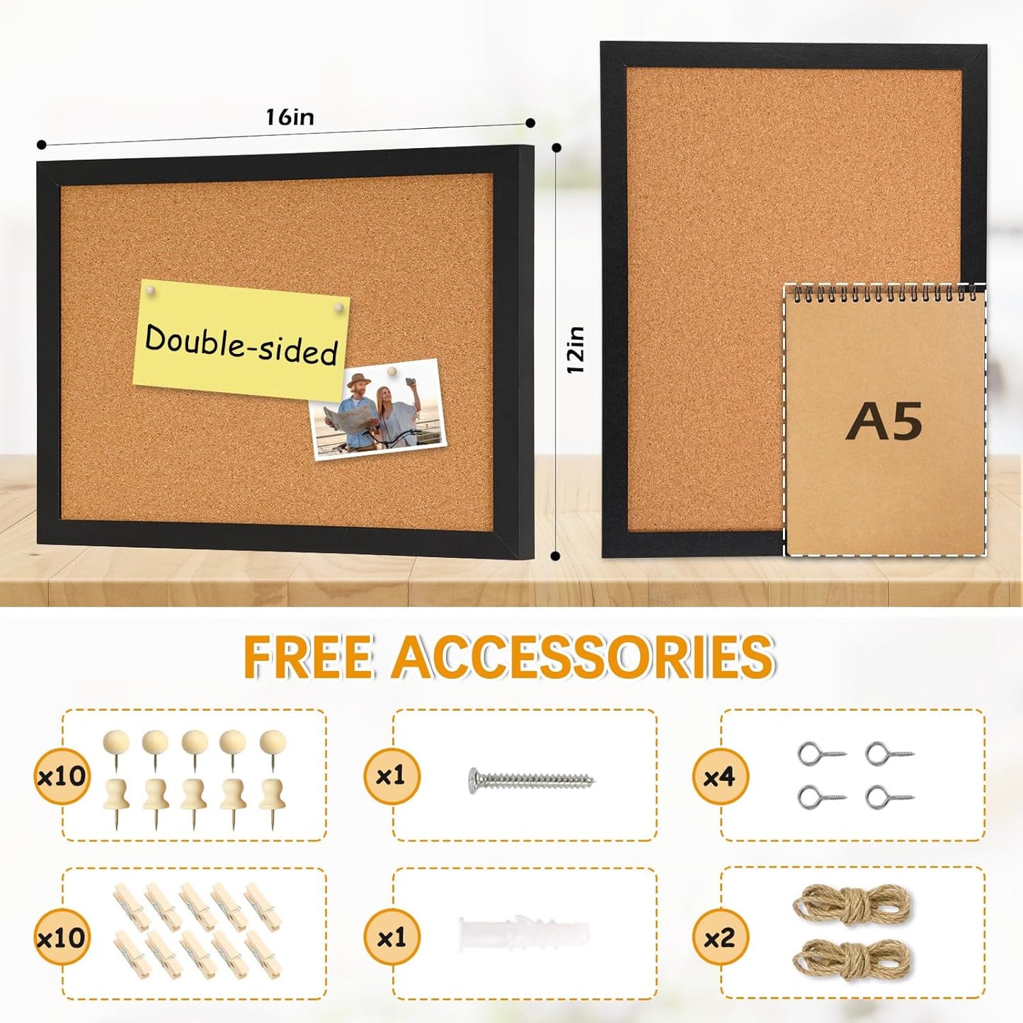 DOLLAR BOSS Bulletin Boards with Linen 1-Pack 16''X 12'' Double-Sided Cork Board for Walls Wood Framed Bulletin Boards, Small Pin Board for Home Kitchen Office Decorative Hanging 10 Pushpins