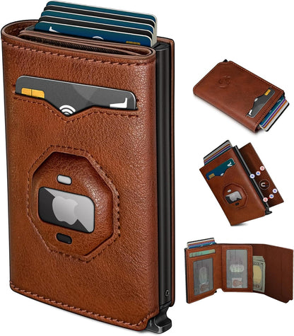 Airtag Wallet for Men,with Cash Pocket 2 ID Window 10+ Cards,Metal Case Smart Slim Pop Up Credit Card Holder Flip with Magnetic Closure RFID Blocking Trifold Leather wallet with Gift Box