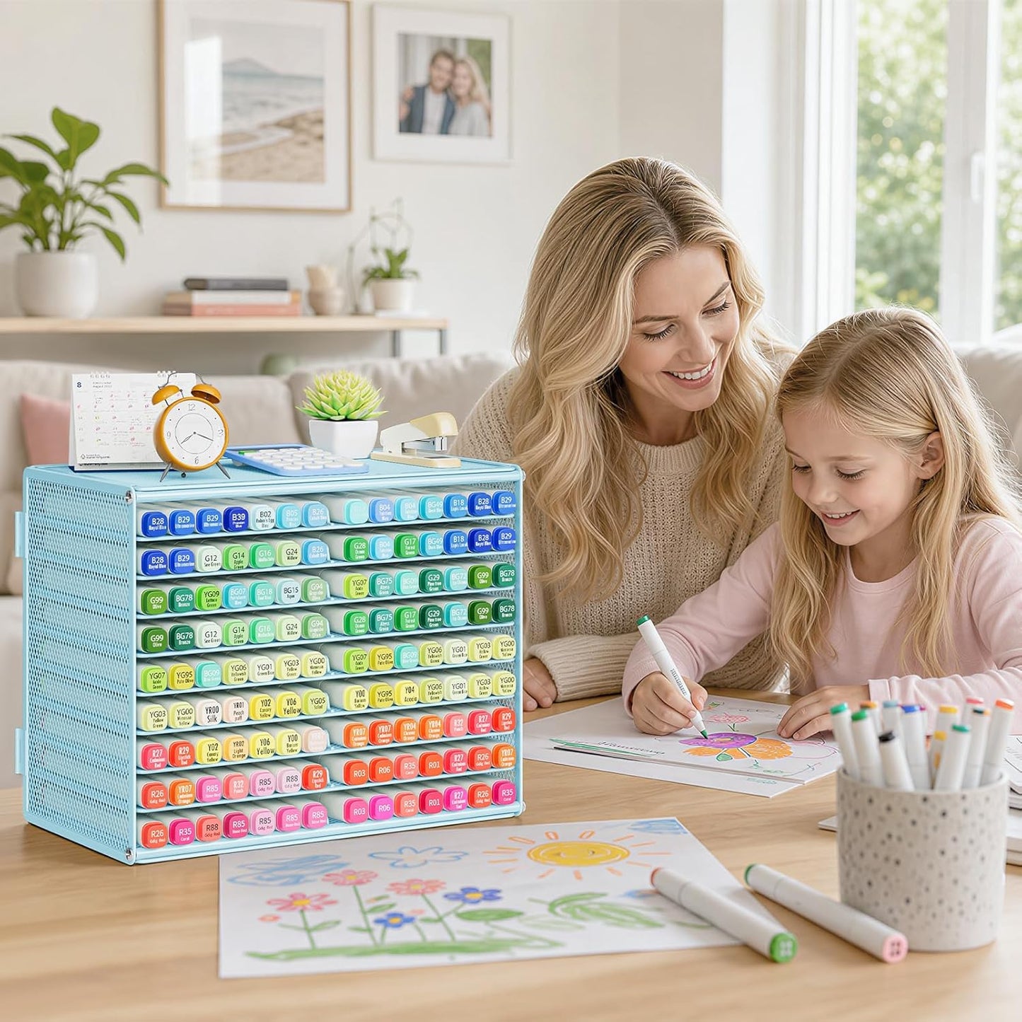 Marbrasse Mesh Marker Organizer, Metal Desktop Storage Rack for 126 Markers, Pens, Pencils, 9 Tier Marker Holder for Office Classroom & Home Art Supplies(Black)