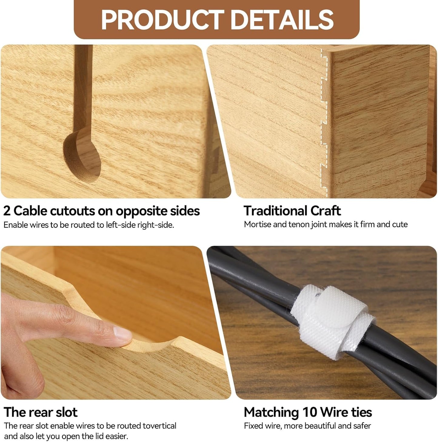 KIRIGEN Wooden Cable Management Box Set of 2 - Solid Wood Large & Small Cord Organizer Hides Power Strips, Chargers & Wires for Desk, TV Stand, Home Office DXH2T-NA